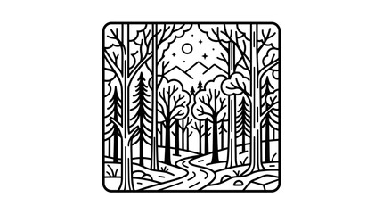 Fototapeta premium Stylized Forest Path with Mountains, Moon, and Stars - Line Art Illustration