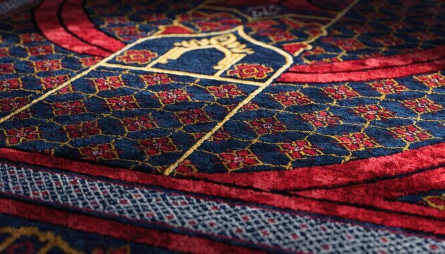 Islamic prayer rug with intricate geometric patterns in red and blue