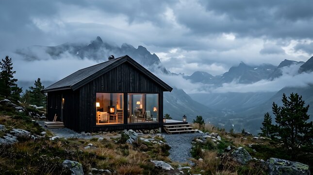 Black Timber Cabin near Dramatic Mountains in a Remote Nordic Landscape