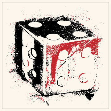 Gritty stippled gaming die showing three faces with black and red ink splatter pips. This lucky bones has a vintage screenprint look with rough spray edges and halftone grain.