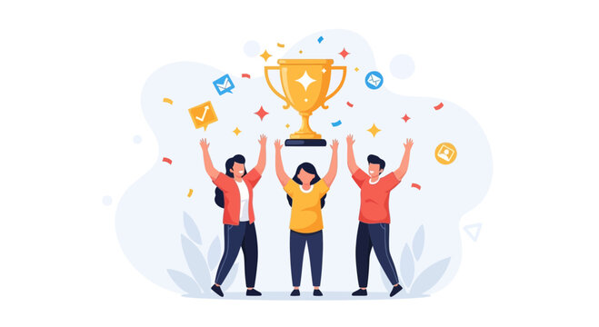 Team celebrating victory with a trophy, confetti, and achievement icons. Success, teamwork, and recognition concept illustration.