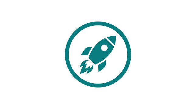 A teal circular icon featuring a stylized rocket ship launching into space