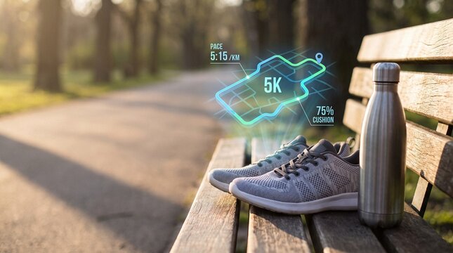 Grey running shoes and steel water bottle on a wooden park bench with floating 3D holographic 5K route map and fitness stats in golden hour light