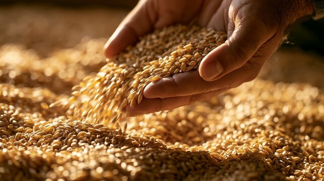 a persons hand holding a handful of golden wheat grains. The grain texture is visible, and the grains are illuminated by the warm, golden light of the setting sun.