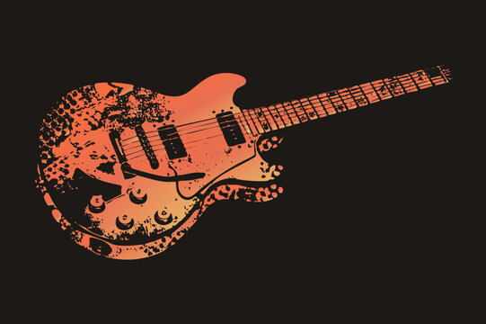 Weathered electric six string, the classic of rock and roll, rendered in distressed grunge style with orange gradient and eroded stencil texture. Perfect for music posters and band merch.