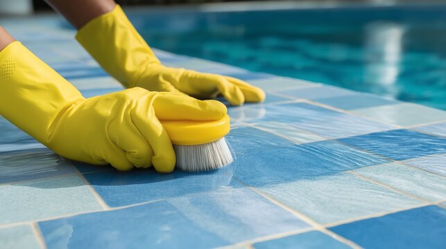 A person cleaning swimming pool tiles with a brush and gloves