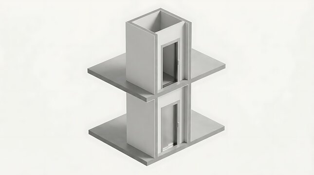 An isometric 3D architectural rendering showing a simple dumbwaiter elevator shaft connecting two floors of a minimalist building structure on white