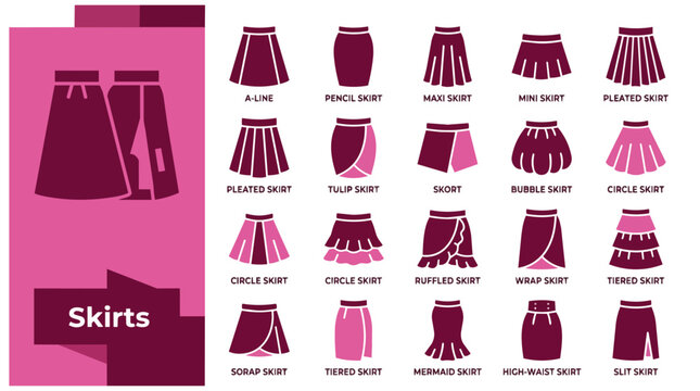 Comprehensive collection of different women skirt types and styles icons set for fashion industry