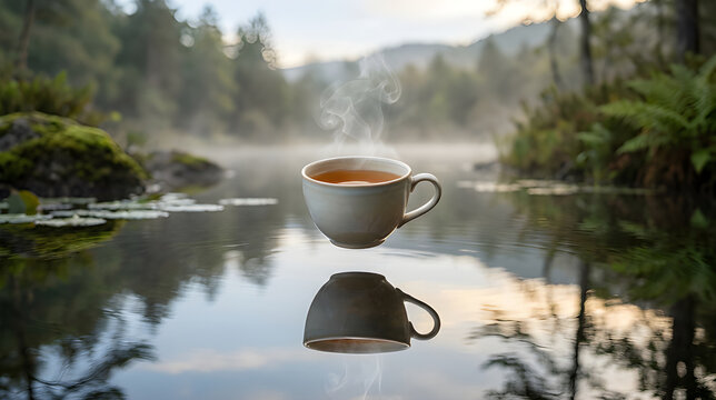 Steaming cup of coffee hovering above a calm forest lake with water reflection