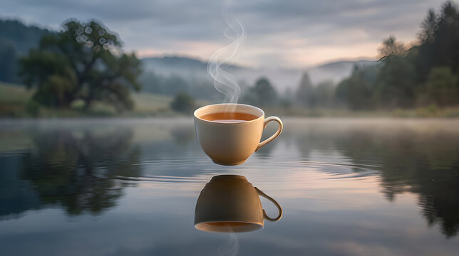 Steaming cup of coffee floating above a calm misty lake at sunrise