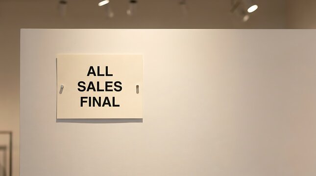 A close up sign on a white wall in a retail clothing store displaying the message all sales final
