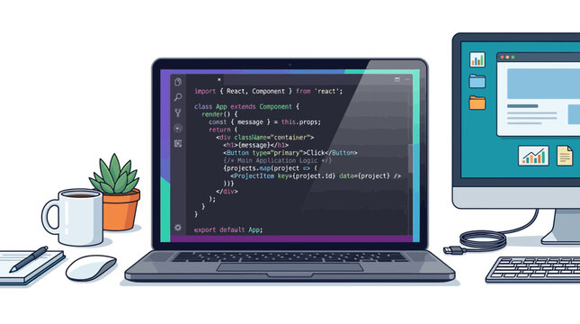Modern desk setup with laptop displaying programming code.