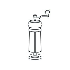 Minimalist black pepper mill outline icon with hand crank on dark background © Saadii
