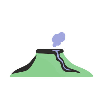 Illustration of a green volcano with smoke and lava