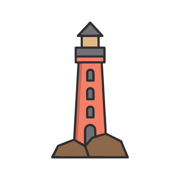 Illustration of a red lighthouse on rocks