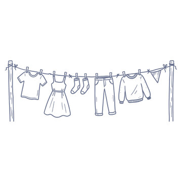 Minimalist hand drawn clothesline with various garments hanging isolated on black background