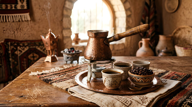 Traditional copper coffee pot and small cups on a rustic wooden table in a Middle Eastern interior