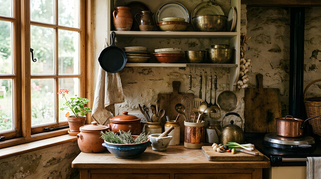 Rustic kitchen interior with vintage clay pots and copper cookware on a wooden counter