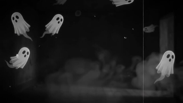 Cute white ghosts fly in a dark foggy room with a vintage film scratch effect. Cartoon phantoms create a mysterious and playful Halloween atmosphere with space for text.