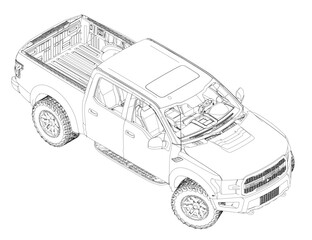 Fototapeta premium Detailed sketch of a large pickup truck on white background with labeled components and numbered parts. Isometric view