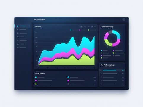 Business data analytics dashboard interface with neon charts