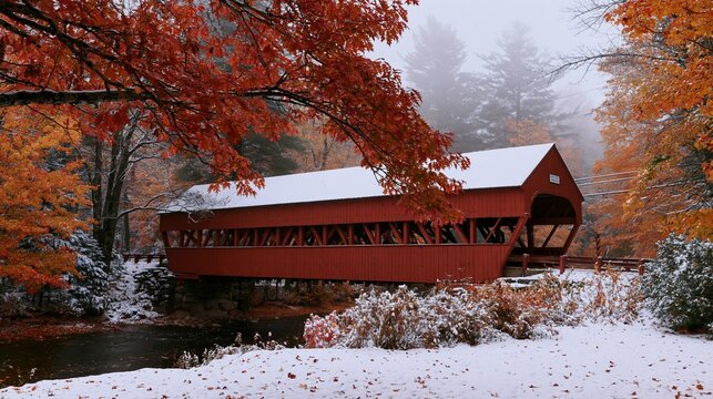 a serene winter scene features a red wooden covered bridge with a white roof. The bridge is situated over a small stream.