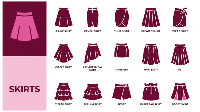 Comprehensive Collection of Different Women Skirt Types Silhouettes and Fashion Style Icons Set