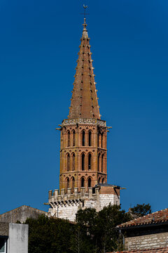 Gothic Brick Bell Tower of Notre-Dame Church in Caussade, Occitanie, France