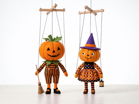 Handmade felt pumpkin marionette puppets for Halloween festival decor with cute jack o lantern characters wearing witch hat and carrying broom