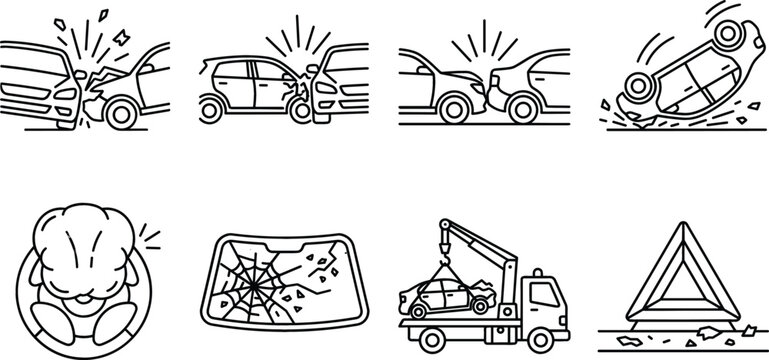 Car accident insurance and auto crash line icons set featuring rollover collision airbag tow truck warning triangle vector