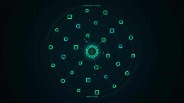 Digital smart city power network with glowing green energy nodes, flowing electricity pulses, and HUD telemetry data on dark background. Seamless loop.
