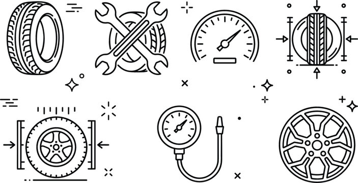 Car tire service and wheel alignment line icons set featuring pressure gauge wrenches alloy rim speedometer vector