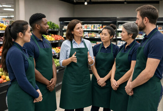 Team leader briefing grocery staff in produce aisle while employees listen attentively. Group discussion shows training and teamwork in a retail environment.