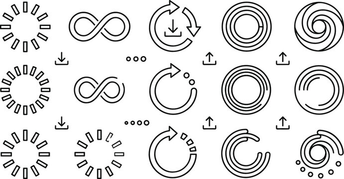 Digital interface loading and buffer indicator line icons set featuring progress bar infinity loop upload download arrow vector