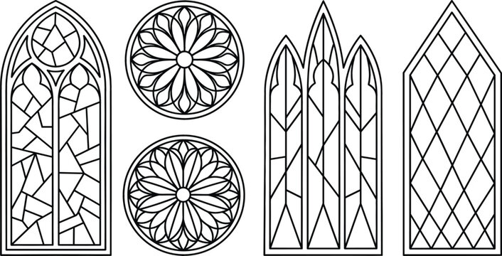 Gothic cathedral stained glass windows line icons set featuring medieval arched frames rose window tracery geometric patterns vector