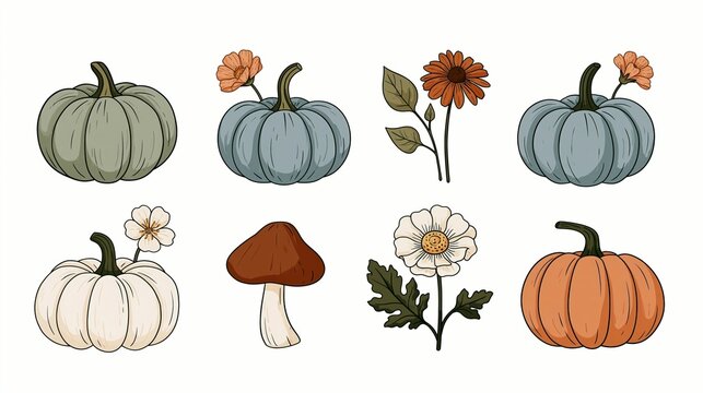 a unique design and color palette. The pumpkins are depicted in various shades of green, blue, orange, and white.