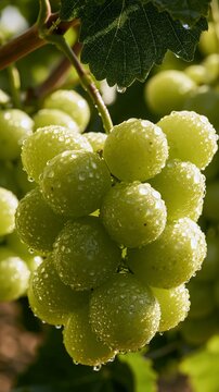 a bunch of green grapes with water droplets on their surfaces. The grapes are clustered together on a vine, with a few leaves visible in the background. The sun casts a warm.