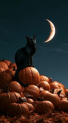 Fototapeta premium a black cat perched atop a large, orange pumpkin. The cats gaze is directed to the moon, casting a soft glow on the scene.