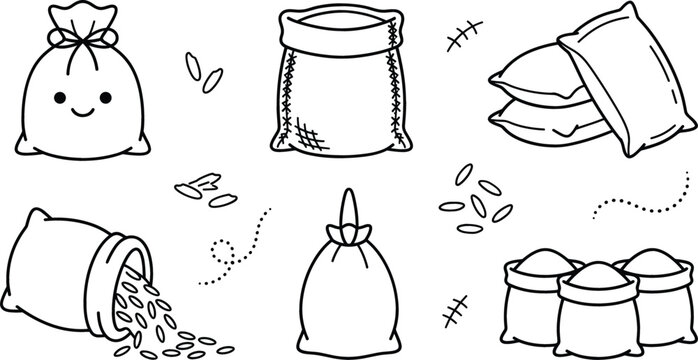 Agriculture grain and rice sack line icons set featuring burlap bags flour pouch spilled seeds cute character vector