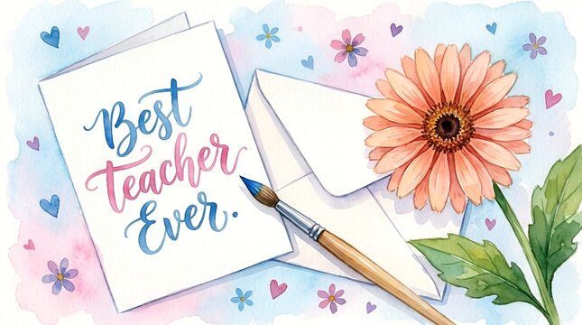 Watercolour Best Teacher Ever Card with Gerbera Daisy, Envelope and Paintbrush