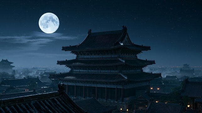 a traditional Chinese temple complex. The main subject is a multitiered pagoda with ornate, darkcolored roofs and intricate detailing. The sky is a deep blue, dotted with stars, and a large.