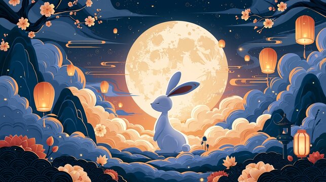 a serene night scene with a large, full moon in the background. The sky is a deep blue with stars twinkling. The moon casts a warm, golden light, illuminating the clouds and the surrounding landscape.
