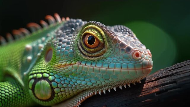 Close-up profile of a green iguana on a branch lizard