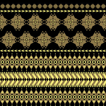 Luxury gold and bronze ethnic seamless border pattern vector on black background. Multi-row ornamental trim inspired by Southeast Asian, Thai silk, and traditional fabric design from KawiKan.