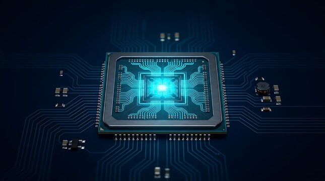 Modern computer processor chip with glowing blue electronic circuits on a black background representing advanced digital technology and data processing power for high performance computing hardware