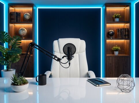 Modern Professional Podcast Studio Setup with Microphone, White Desk, and Neon Blue Lighting for Content Creation