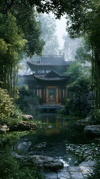 a traditional Chinese pagoda nestled amidst a lush, green forest. The pagoda, with its ornate roof and intricate detailing, is the central focus.