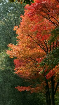 a forest during autumn. The main subject is a cluster of trees with vibrant red and orange leaves, contrasting with the green foliage. The leaves are densely packed.