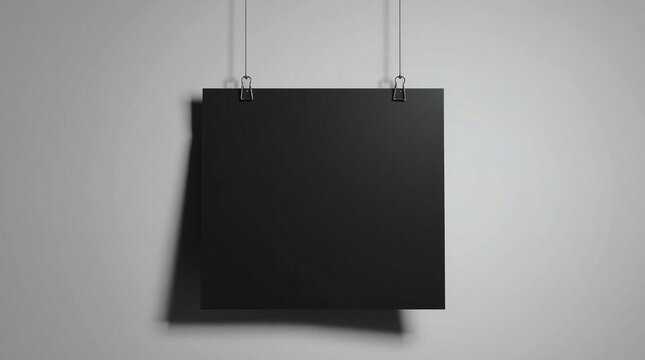 Square black poster hanging on a wall with metal clips