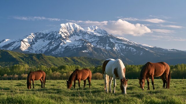 a serene moment of horses grazing in a lush green meadow. Four horses are the main subjects a brown horse, a white horse with a brown mane, and two brown horses. The horses graze peacefully.